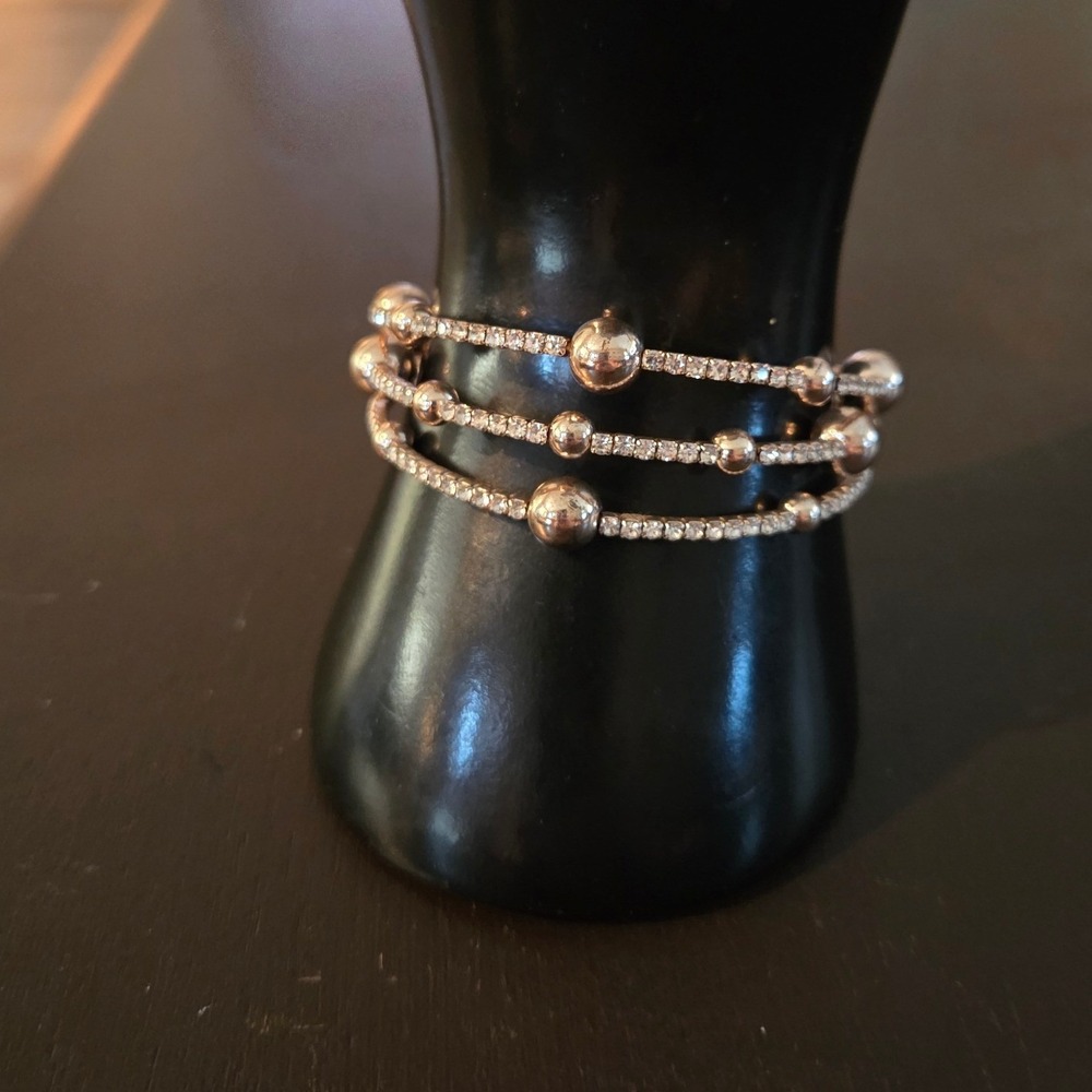 Y2K Triple Row Crystal Pavé and Beaded Cuff Bracelet Gold Tone Layered Statement